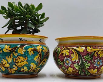 Handmade Round Ceramic Cachepot – Caltagirone Pottery Planter – 22.5cm x 16cm (8.85” x 6.3”) – Sicilian Majolica Flower Pot