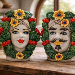Handmade Caltagirone Ceramic Moorish Head with Cactus Flower Reliefs