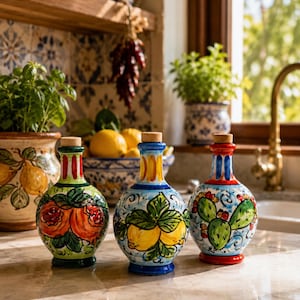 Peut inclure: Trois burettes à huile en céramique avec bouchons en liège, chacune ornée de motifs peints à la main. La burette de gauche présente des grenades orange, celle du centre des citrons jaunes et celle de droite des cactus sur fond blanc.