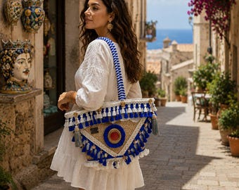 Borsa da caffè siciliana fatta a mano – Borsa tote di paglia di lusso – Borsa a cestino con nappe mediterranee