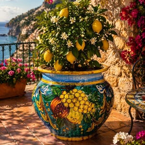May include: A potted lemon tree with bright yellow lemons and white blossoms sits in a large, ornate ceramic pot. The pot is decorated with a colorful fruit and floral design. The scene is set on a sunny terrace overlooking the sea.