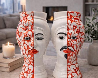 Modern Sicilian Moorish Heads 24cm (9.44") – Handcrafted Caltagirone Ceramic Couple – Contemporary Decorative Art
