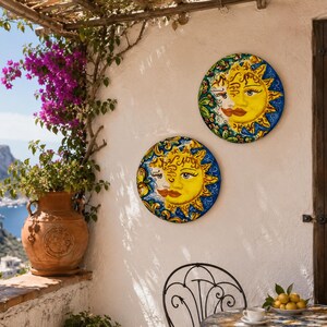Ręcznie robiona sycylijska tablica ceramiczna Sun Moon, dekoracja ścienna Ceramica di Caltagirone