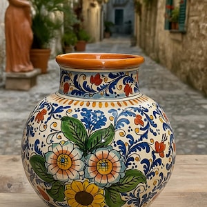 Hand-Painted Caltagirone Ceramic Vase – 33 cm (13 in) High x 24 cm (9.4 in) Wide