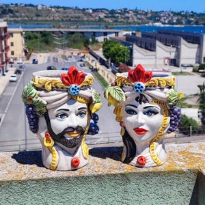 Teste di Moro, Sicilian Moorheads in Caltagirone Ceramic entirely modelled by hand H.26 L.20 With fruit