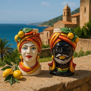 Ceramica di Caltagirone Sicilian Moorish Heads - Handcrafted Mediterranean Art Sculpture in Italian Pottery