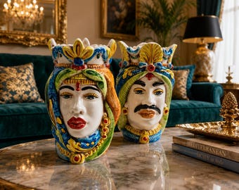 Ceramica di Caltagirone " Sicilian ( Africane Model ) Moorish heads" 20H