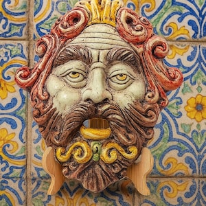 Dionisio Wall Mask – One-of-a-Kind Handmade Sicilian Ceramic Face from Caltagirone – 32 cm x 27 cm (12.6&quot; x 10.6&quot;)