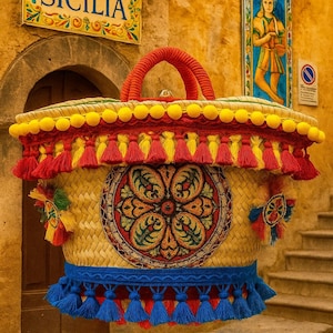 Handmade Sicilian Coffa Tote Bag: Woven Straw Purse with Tassels & Embroidery