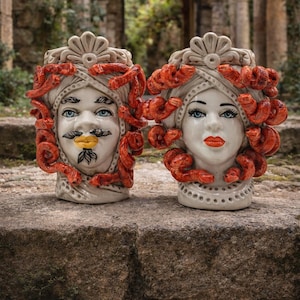 Handgemachte sizilianische Mauren Kopf 21 cm Keramikvase von Caltagirone Italienische Keramik Decor