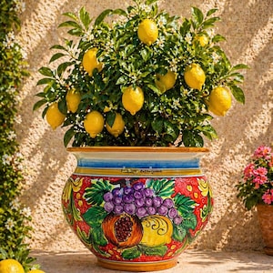 May include: A potted lemon tree laden with ripe yellow lemons. The tree is in a large, ornate ceramic pot with a colorful design of fruit and foliage. The pot is sitting on a stone surface.
