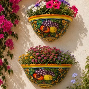 Puede incluir: Dos jardineras decorativas de pared llenas de flores coloridas. Las jardineras presentan un diseño vibrante con motivos de frutas y flores. Las flores incluyen flores rosas, blancas y moradas, agregando un toque de color al entorno exterior.