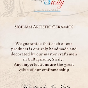 May include: Cream-colored promotional material for Sicilian artistic ceramics. The text reads "my beautiful Sicily" and "SICILIAN ARTISTIC CERAMICS." It also states that the products are handmade in Caltagirone, Sicily, and "Handmade In Italy."