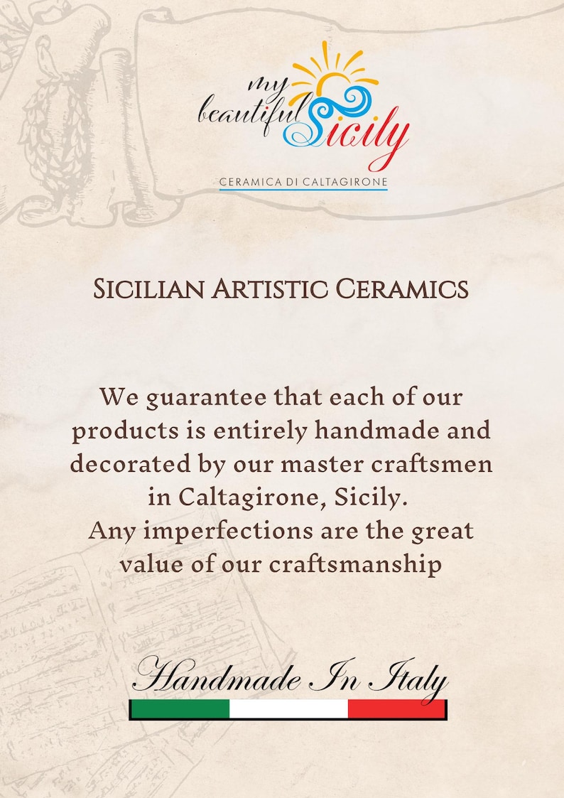 May include: Cream-colored promotional material for Sicilian artistic ceramics. The text reads "my beautiful Sicily" and "SICILIAN ARTISTIC CERAMICS." It also states that the products are handmade in Caltagirone, Sicily, and "Handmade In Italy."