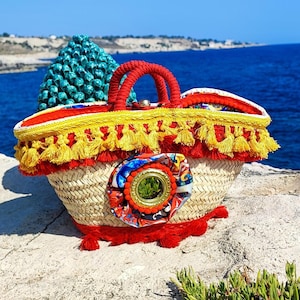Handmade Sicilian Straw Tote: Boho Beach Bag with Pom-Poms