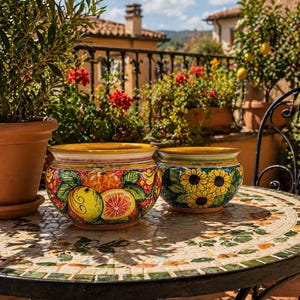 Può includere: Due vasi decorativi in ceramica dipinti a mano, con disegni di agrumi e girasoli. Sono su un tavolo a mosaico, con un bordo giallo. La scena è all'aperto, con piante e uno sfondo soleggiato.