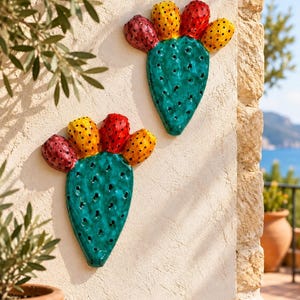 Sicilian Ceramic Cactus Wall Decor, Handmade Italian Pottery, Colorful Prickly Pear Wall Art, Mediterranean Kitchen Decor