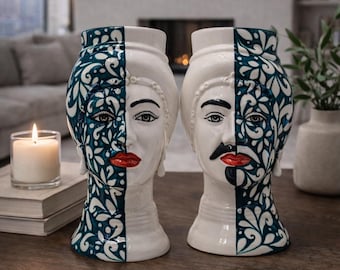 Sizilianische Maurenköpfe 24 cm – Caltagirone Handgefertigtes Keramik Paar – Zeitgenössische Dekorative Kunst