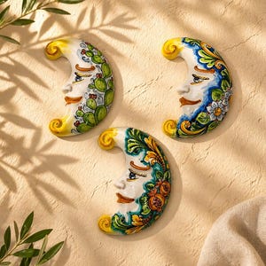Caltagirone, decorazione murale in ceramica siciliana fatta a mano raffigurante un volto di luna (16 x 10 cm / 6,3 x 3,9 pollici)