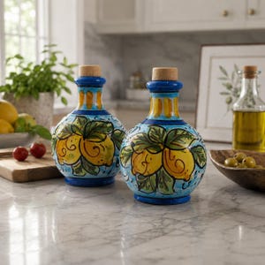 May include: Two ceramic bottles with cork stoppers. The bottles are painted with a lemon design in yellow, green, and blue. The bottles are on a marble countertop.
