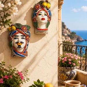 Puede incluir: Dos esculturas de cabeza de cerámica con detalles florales y frutales. Las esculturas están montadas en una pared texturizada. Una tiene bigote y la otra labios rojos. El fondo incluye un balcón con vista al océano.