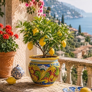 Puede incluir: Un pequeño limonero con limones amarillos brillantes y flores blancas plantado en una maceta de cerámica redonda con intrincados adornos pintados a mano en tonos amarillo, rojo, verde y azul, sobre una repisa de piedra.