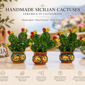Cactus en céramique sicilienne artisanale – Poterie de Caltagirone, Décoration figue de Barbarie, Maison méditerranéenne italienne