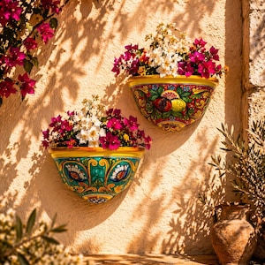 Può includere: Due fioriere da parete decorative in ceramica dipinte a mano, piene di vibranti fiori rosa e bianchi. Le fioriere presentano un design colorato con accenti gialli, verdi e rossi. Sono montate su un muro strutturato di colore chiaro.