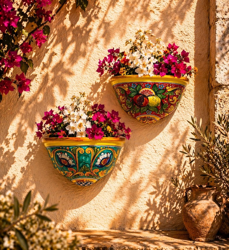 May include: Two decorative, hand-painted ceramic wall planters filled with vibrant pink and white flowers. The planters have a colorful design with yellow, green, and red accents. The planters are mounted on a textured, light-colored wall.