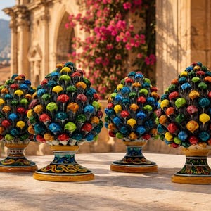 May include: Four ceramic pine cone sculptures arranged on a stone table. Each piece features a glossy, multi-coloured finish with individual scales painted in vibrant shades of red, yellow, blue, and green, set upon a decorative pedestal base.