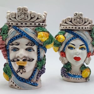 Handmade Caltagirone Ceramic Teste di Moro: Crowned Sicilian Heads with Lemon & Grape