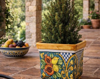 Maceta cuadrada de cerámica de Caltagirone de 22 cm (8,66") – Cerámica siciliana artesanal con diversas decoraciones