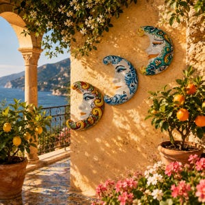 May include: Three crescent moon wall plaques made of ceramic, each featuring a hand-painted face with distinct colourful floral and scrollwork patterns in shades of blue, green, yellow, and red, mounted on a textured light yellow stone wall.