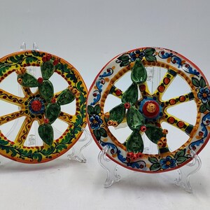 Hand-Painted Sicilian Ceramic Cart Wheels – 16 cm / 6.3 in – Caltagirone Wall Art with Prickly Pears