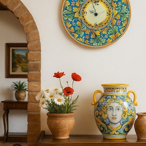 Handcrafted Ceramic Caltagirone Clock in Baroque Style