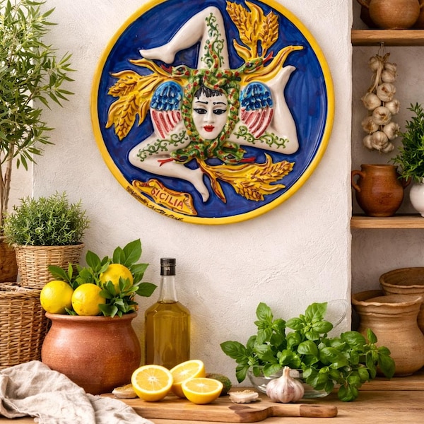 Caltagirone Ceramic Trinacria Plate 26 CM– Handmade Sicilian Wall Decor