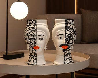 Moderne sizilianische Teste di Moro 24 cm (9.44 ") – Handgefertigtes Paar aus Caltagirone-Keramik – zeitgenössische dekorative Kunst."