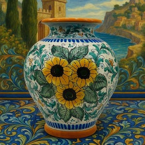 Hand-Painted Caltagirone Ceramic Vase: Sicilian Floral Art (33 cm High)