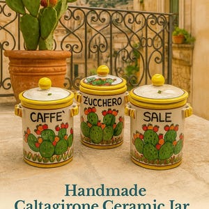 Conjunto de potes de cerâmica Caltagirone feitos à mão – Açúcar, café e sal – Decoração de pera espinhosa – Armazenamento de cozinha italiana – 9 x 9 x 13 cm (3,5 x 3,5 x 5,1 pol.)