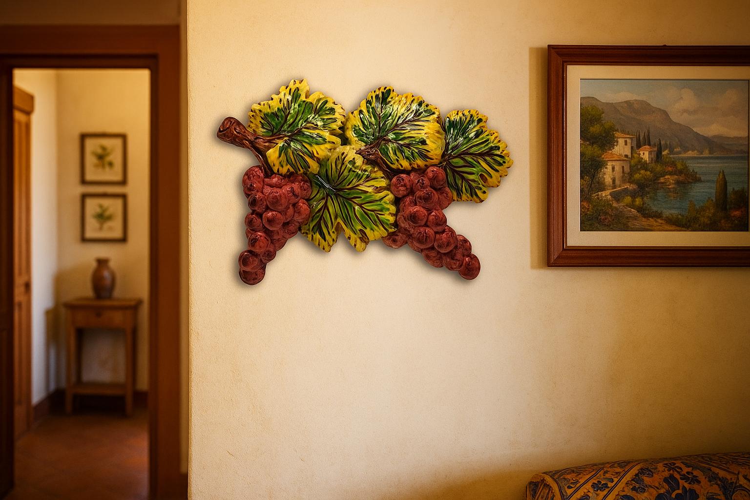 手作りのイタリア製陶器製ブドウの壁飾り：シチリア陶器（13.7インチ x