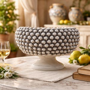 Puede incluir: Un cuenco decorativo de cerámica blanca y gris con un diseño redondeado texturizado, sobre una base de pedestal. El cuenco está sobre una mesa con tapa de mármol con limones, flores y una copa de vino. El tema general es la decoración del hogar.