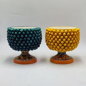 Caltagirone Ceramic Pinecone Pedestal Bowl | 23x23 cm | Handmade Sicilian Pottery | Yellow & Teal Options