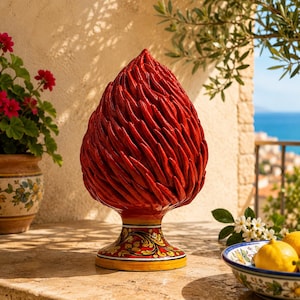 Può includere: Scultura a forma di pigna in ceramica rosso vivo con superficie strutturata. La base presenta un design floreale colorato e dettagliato. La scultura è alta circa 30 cm, aggiungendo un tocco mediterraneo.
