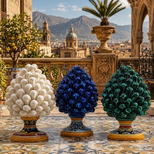 May include: Three ceramic pinecone sculptures arranged in a row. The left sculpture is white, the center is deep blue, and the right is emerald green. Each pinecone features a glossy finish and sits on a decorative, hand-painted pedestal base.