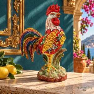 Könnte beinhalten: Eine Hahn-Figur aus Keramik mit einem lebendigen, handbemalten Design, rotem Kamm, weißen Halsfedern und einem bunten Schwanz. Der Körper ist mit gelben, roten und grünen Blumenmustern verziert und steht auf einem strukturierten grünen Sockel.