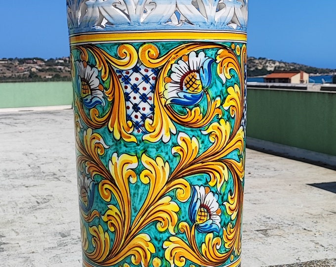 Handmade Sicilian Ceramica di Caltagirone Umbrella Stand - Functional Art for Mediterranean Home Decor - Artisanal Ceramic Craftsmanship