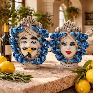 Handgemachte sizilianische Mauren Kopf 21 cm Keramikvase von Caltagirone Italienische Keramik Decor