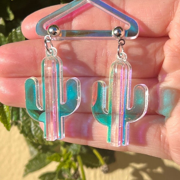 3D Cactus Earrings Iridescent Color Changing Earrings EDM Jewelry Music Festival Rainbow Accessories Fun Music Festival Pretty Earrings