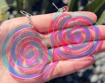 Swirl Spiral Earrings Iridescent Jewelry Disco Earrings Hypnotic Jewelry Swirly Earrings Loop Earrings UV Reactive Blacklight Rave Neon Pink