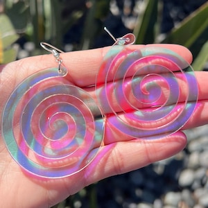 Swirl Spiral Earrings Iridescent Jewelry Disco Earrings Hypnotic Jewelry Swirly Earrings Loop Earrings UV Reactive Blacklight Rave Neon Pink